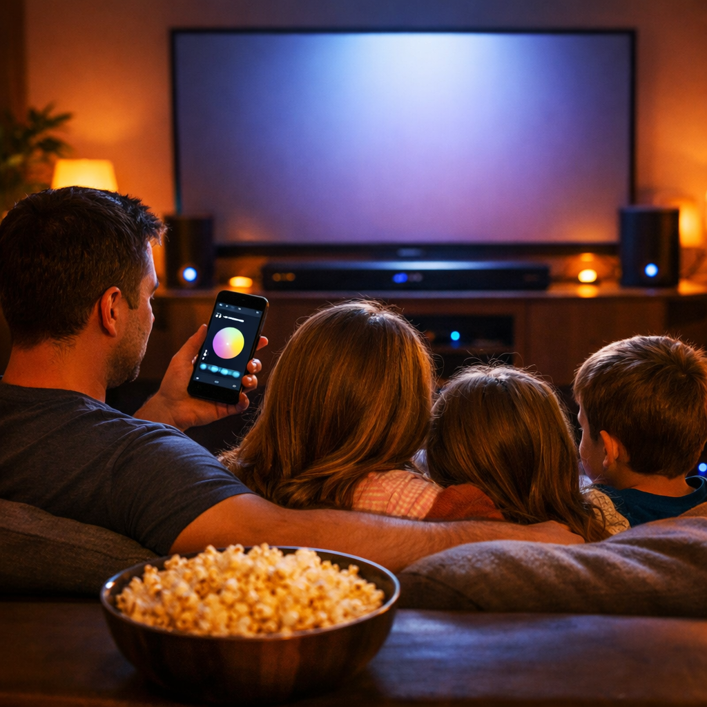 a view from the back of A family nestled together on a cozy couch party visible is the soft glow of the television screen with popcorn as they prepare-1